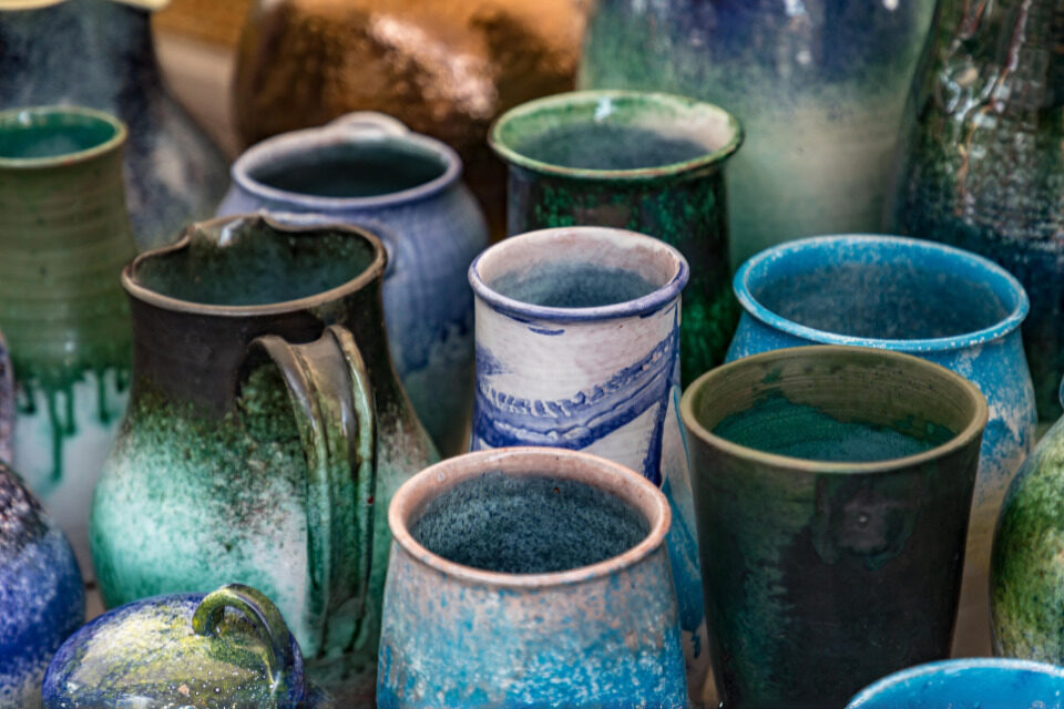blue and green pottery pieces